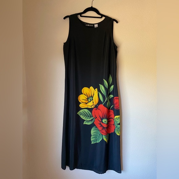 Vintage Dresses & Skirts - Vintage Black Maxi Dress with Red & Yellow Floral Print